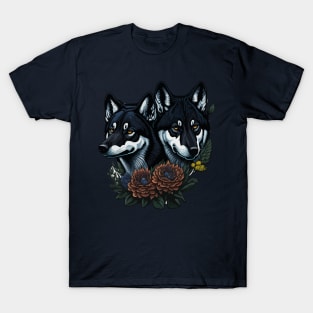 Black Wolf with Wild Flower T-Shirt
